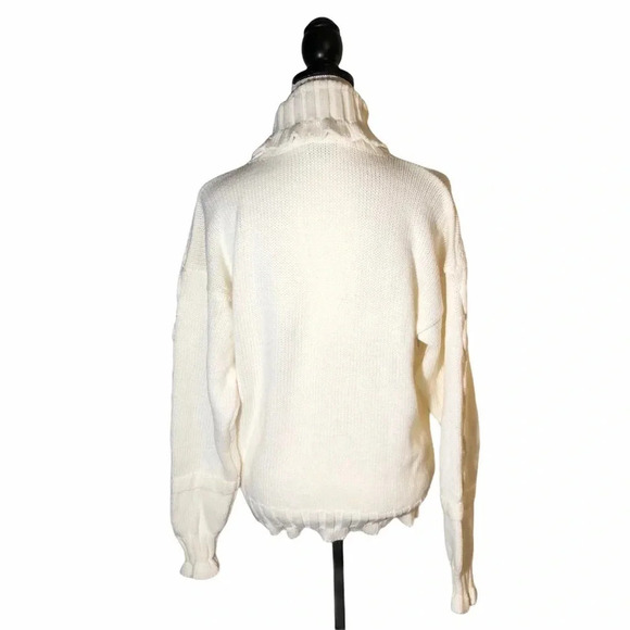 Vintage 80s Evian White Cable Knit Sweater Embossed Monogram Design Turtleneck - Picture 4 of 7